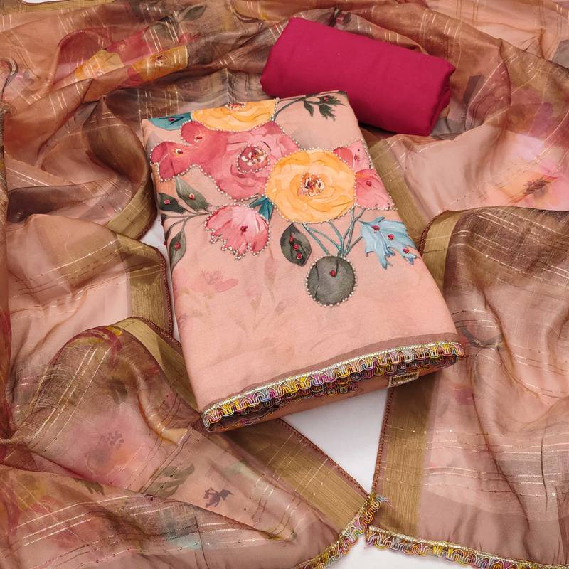 Peach sequins cotton semi stitched churidar dress-materials