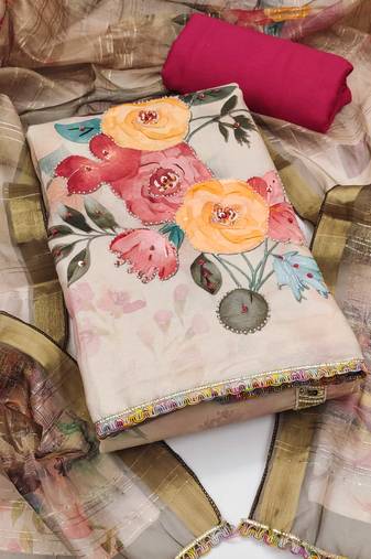 Beige sequins cotton semi stitched churidar dress-materials