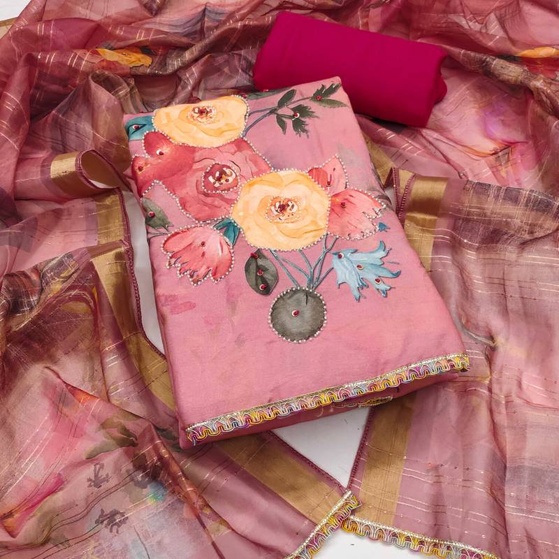 Baby-pink sequins cotton semi stitched churidar dress-materials