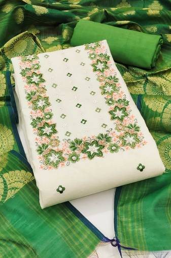 Off-white embroidered cotton semi stitched churidar dress-materials