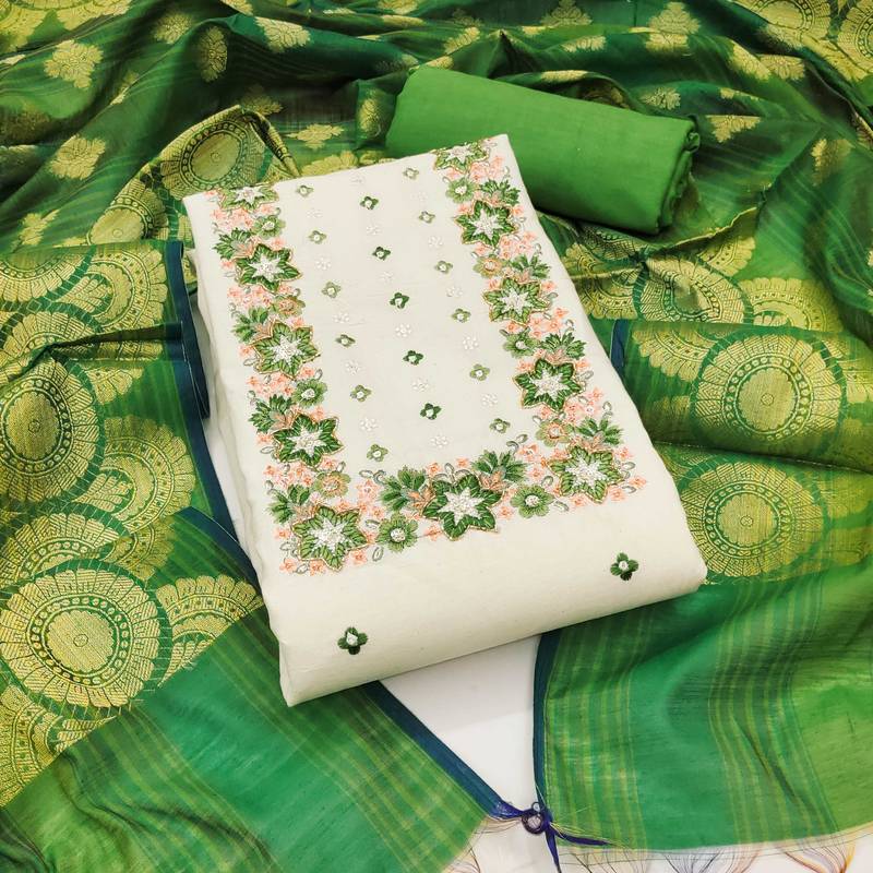 Off-white embroidered cotton semi stitched churidar dress-materials