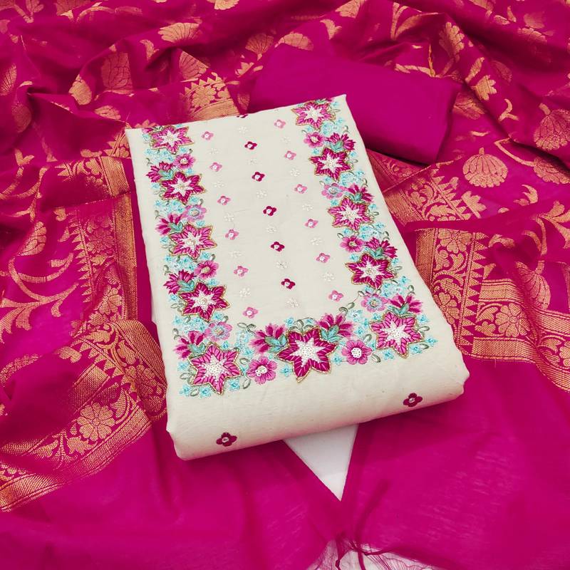 Off-white embroidered cotton semi stitched churidar dress-materials
