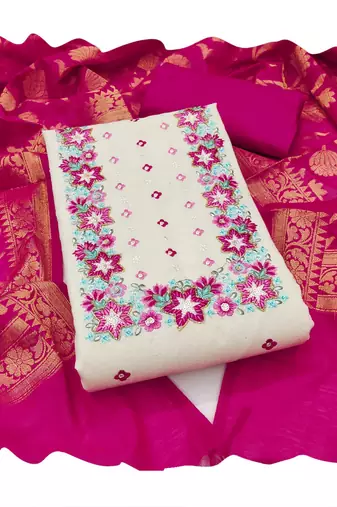 Off-white embroidered cotton churidar dress-materials