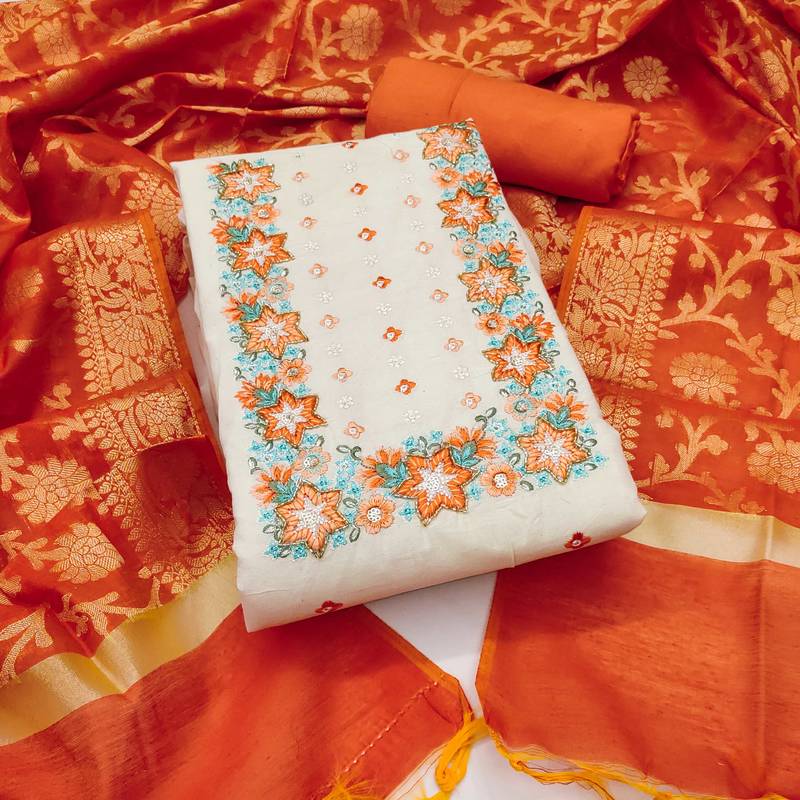 Off-white embroidered cotton semi stitched churidar dress-materials