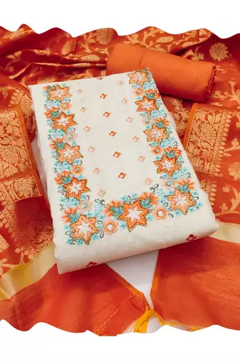 Off-white embroidered cotton churidar dress-materials