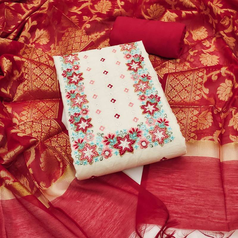 Off-white embroidered cotton semi stitched churidar dress-materials