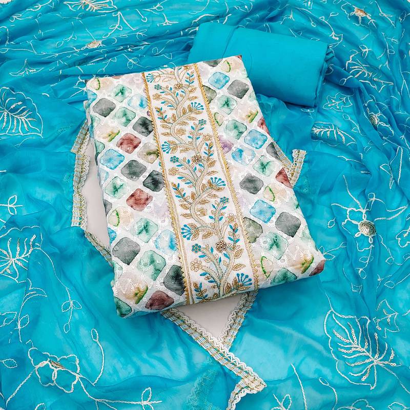 Multicolor embroidered cotton semi stitched churidar dress-materials