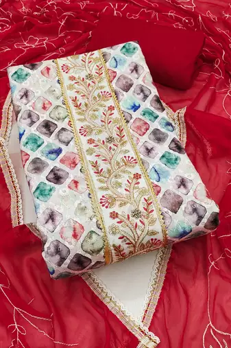 Multicolor embroidered cotton semi stitched churidar dress-materials