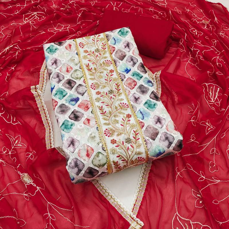 Multicolor embroidered cotton semi stitched churidar dress-materials