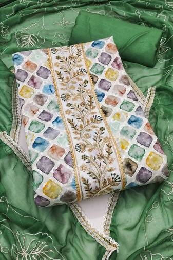 Multicolor embroidered cotton semi stitched churidar dress-materials