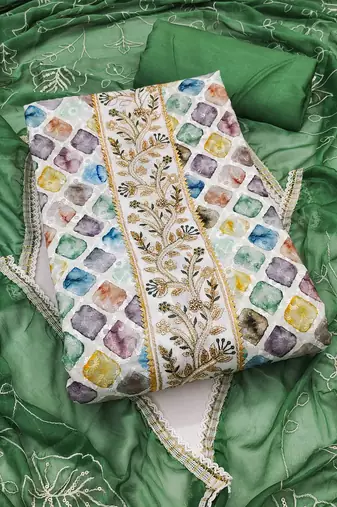 Multicolor embroidered cotton semi stitched churidar dress-materials