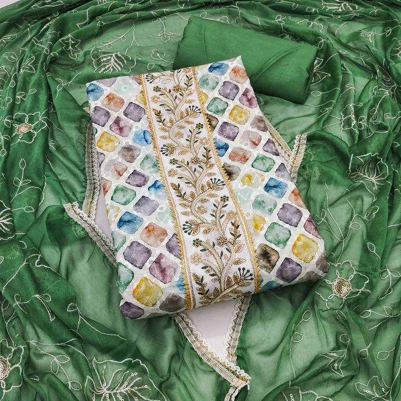 Multicolor embroidered cotton semi stitched churidar dress-materials