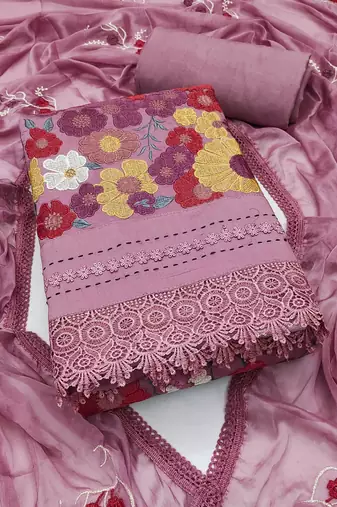 Lavender embroidered cotton semi stitched churidar dress-materials