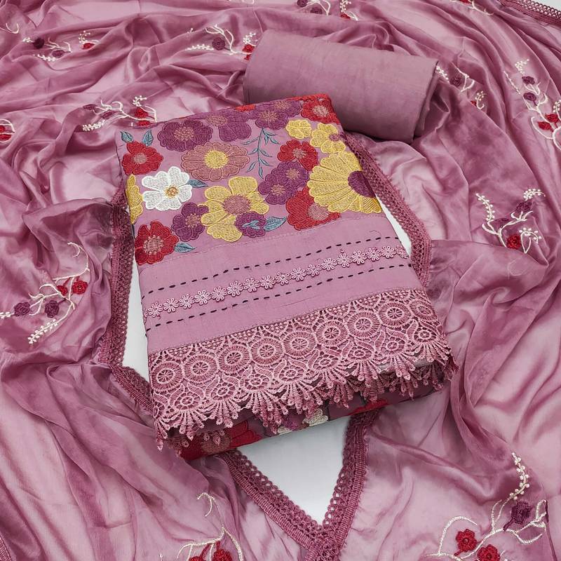 Lavender embroidered cotton semi stitched churidar dress-materials