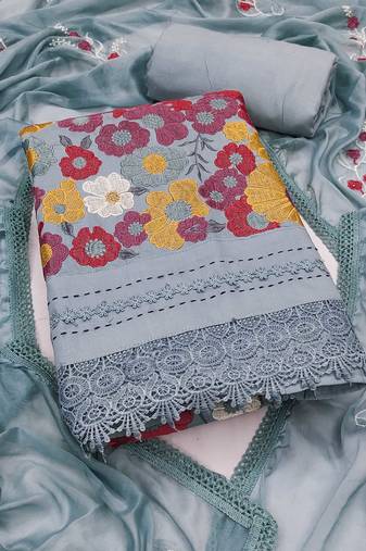 Grey embroidered cotton semi stitched churidar dress-materials