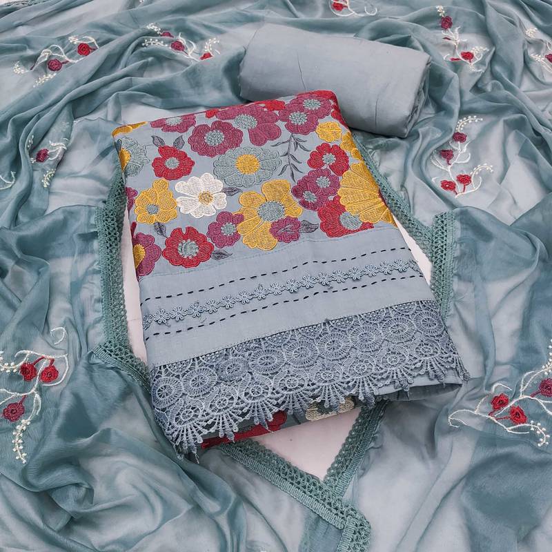 Grey embroidered cotton semi stitched churidar dress-materials