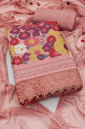Peach embroidered cotton semi stitched churidar dress-materials