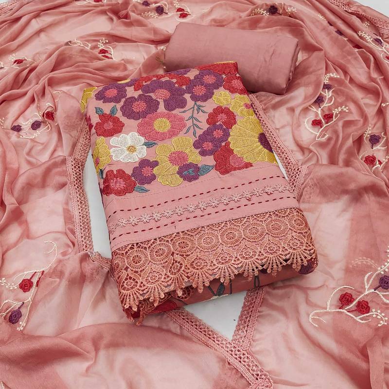 Peach embroidered cotton semi stitched churidar dress-materials