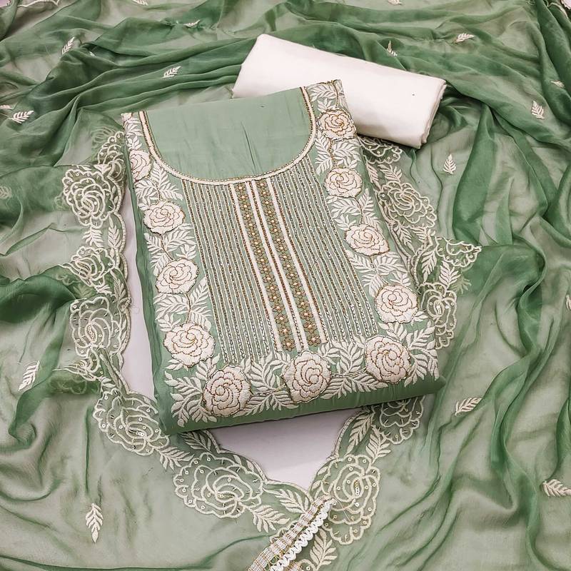 Light-green embroidered cotton semi stitched churidar dress-materials