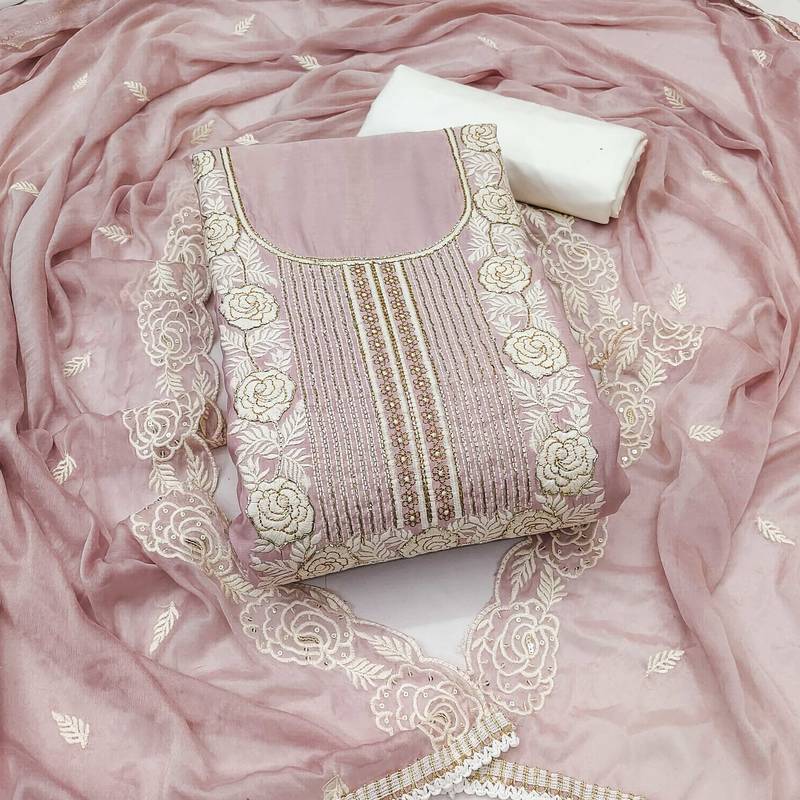 Baby-pink embroidered cotton semi stitched churidar dress-materials