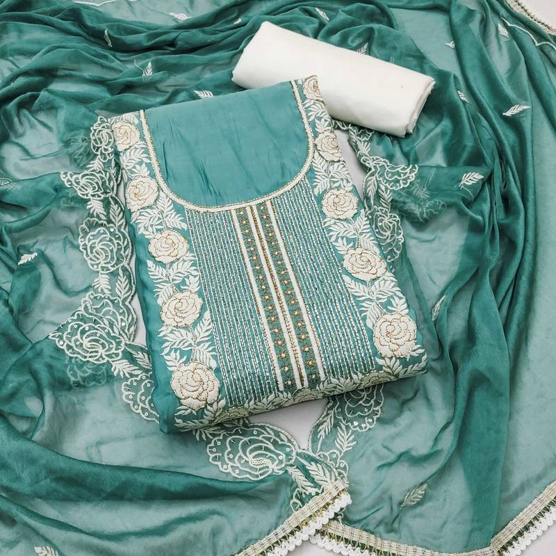 Sea-green embroidered cotton semi stitched churidar dress-materials