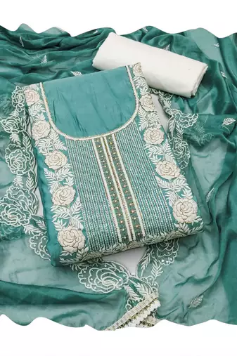 Sea-green embroidered cotton churidar dress-materials