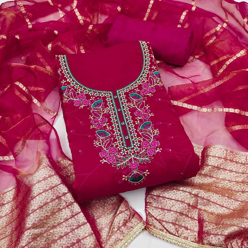 Pink sequins silk blend semi stitched churidar dress-materials
