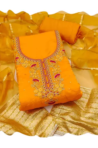 Yellow sequins silk blend churidar dress-materials
