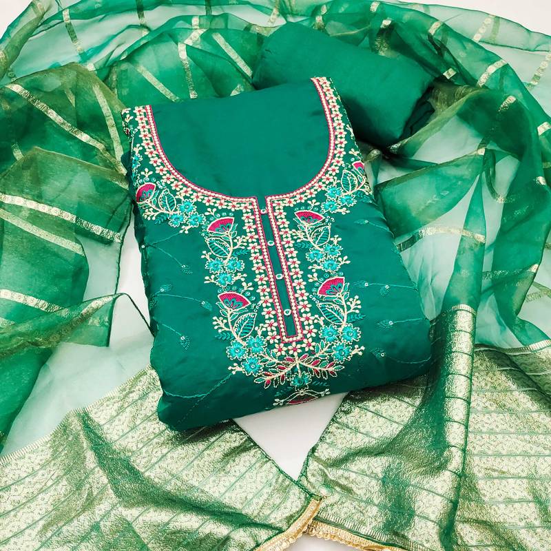 Sea-green sequins silk blend semi stitched churidar dress-materials