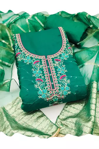 Sea-green sequins silk blend churidar dress-materials