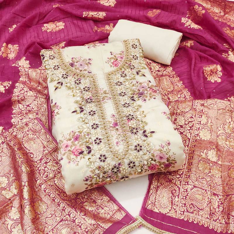 Off-white woven chanderi semi stitched churidar dress-materials