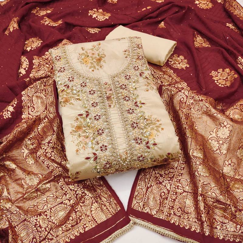 Beige woven chanderi semi stitched churidar dress-materials