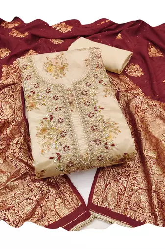 Beige woven chanderi churidar dress-materials