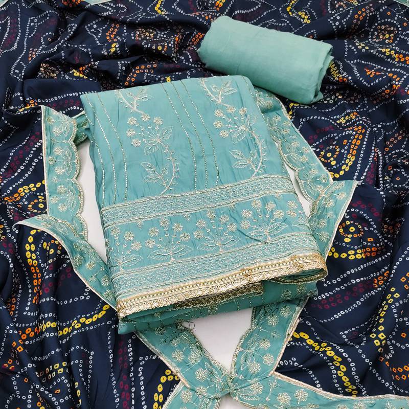 Sea-green embroidered cotton semi stitched churidar dress-materials