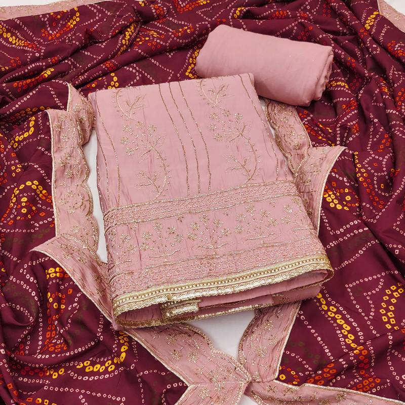 Peach embroidered cotton semi stitched churidar dress-materials