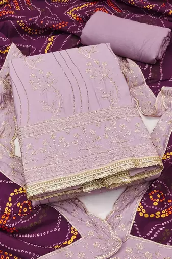 Lavender embroidered cotton semi stitched churidar dress-materials
