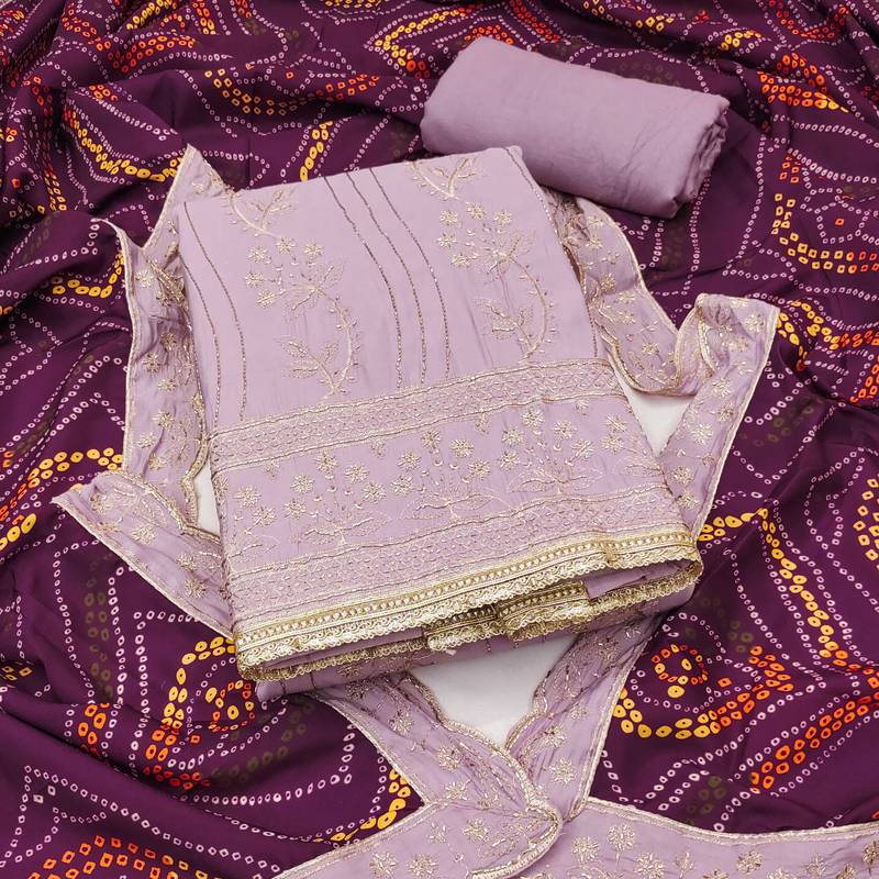 Lavender embroidered cotton semi stitched churidar dress-materials