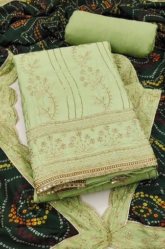 Light-green embroidered cotton semi stitched churidar dress-materials