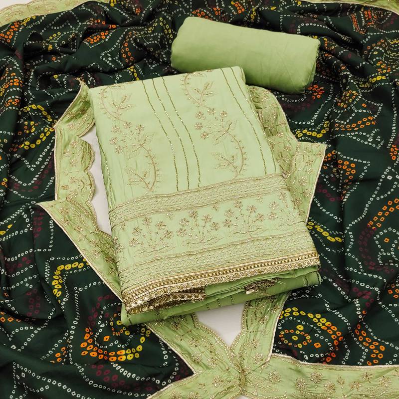 Light-green embroidered cotton semi stitched churidar dress-materials