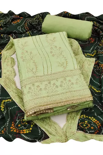 Light-green embroidered cotton churidar dress-materials