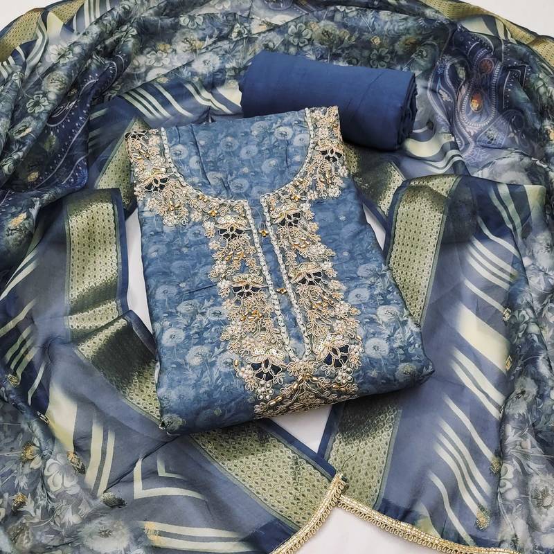 Blue woven cotton semi stitched churidar dress-materials