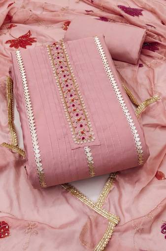 Peach hand embroidery cotton semi stitched churidar dress-materials