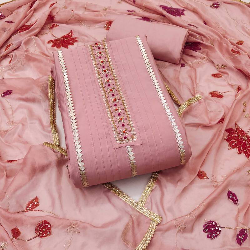 Peach hand embroidery cotton semi stitched churidar dress-materials