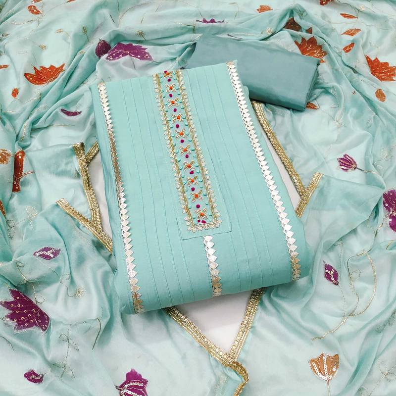 Sea-green hand embroidery cotton semi stitched churidar dress-materials