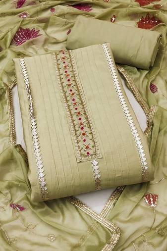 Olive hand embroidery cotton semi stitched churidar dress-materials