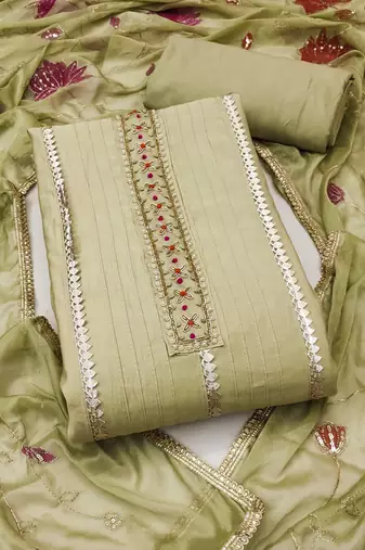 Olive hand embroidery cotton semi stitched churidar dress-materials