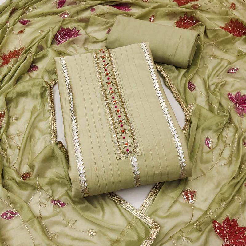 Olive hand embroidery cotton semi stitched churidar dress-materials