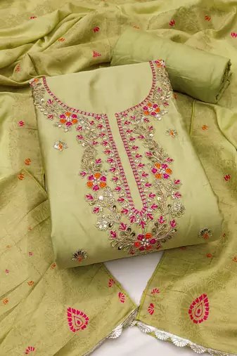 Light-green hand embroidery cotton semi stitched churidar dress-materials