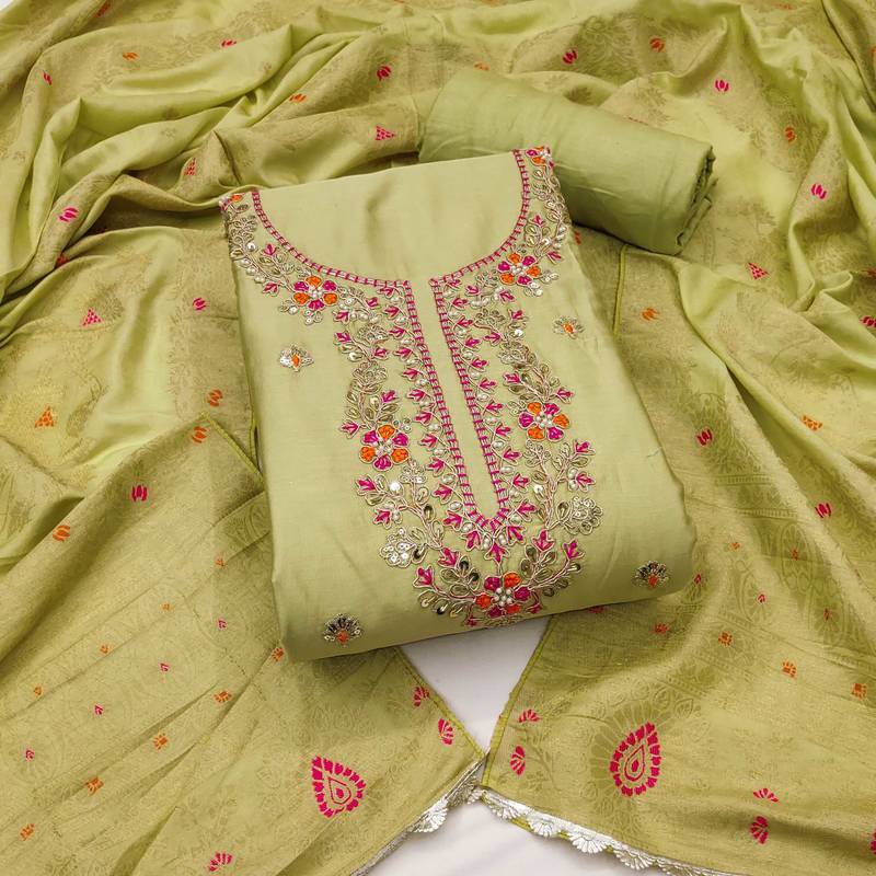 Light-green hand embroidery cotton semi stitched churidar dress-materials
