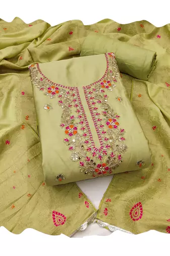 Light-green hand embroidery cotton churidar dress-materials